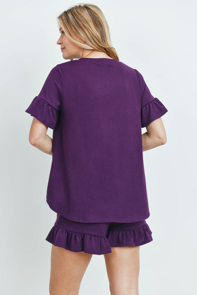 Solid Ruffle Top and Shorts Set With Self Tie