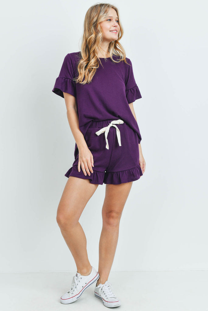 Solid Ruffle Top and Shorts Set With Self Tie