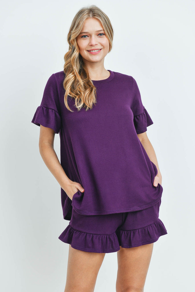 Solid Ruffle Top and Shorts Set With Self Tie