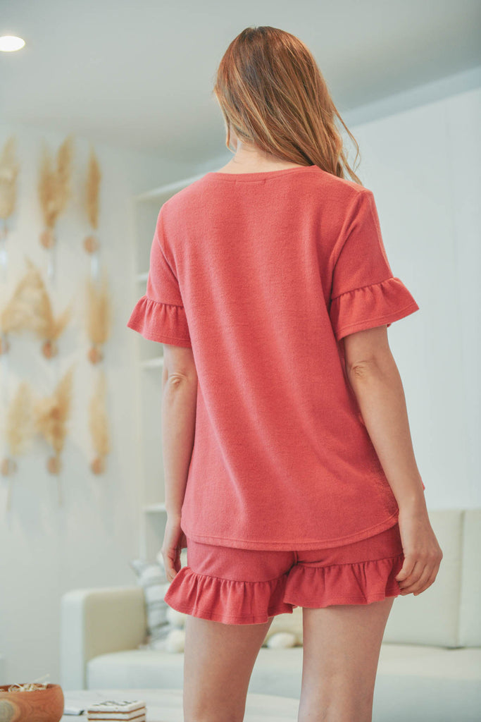 Solid Ruffle Top and Shorts Set With Self Tie