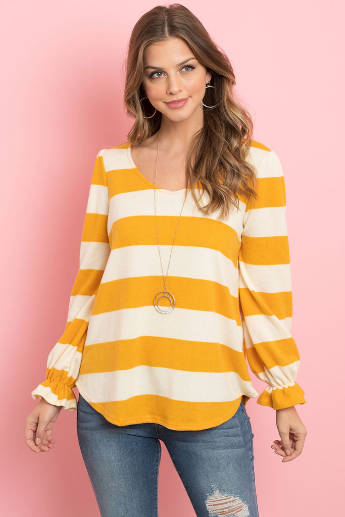 Stripes Ruffle Sleeved Round Hem Hacci Top