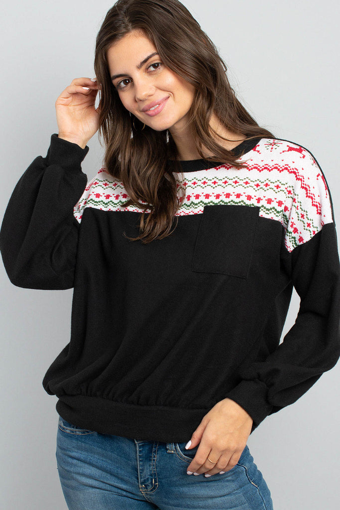 Puff Sleeved Knit Contrast Brushed Hacci Sweater