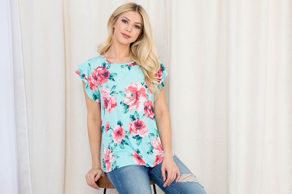Floral Ruffle Sleeve Round Neck Top
