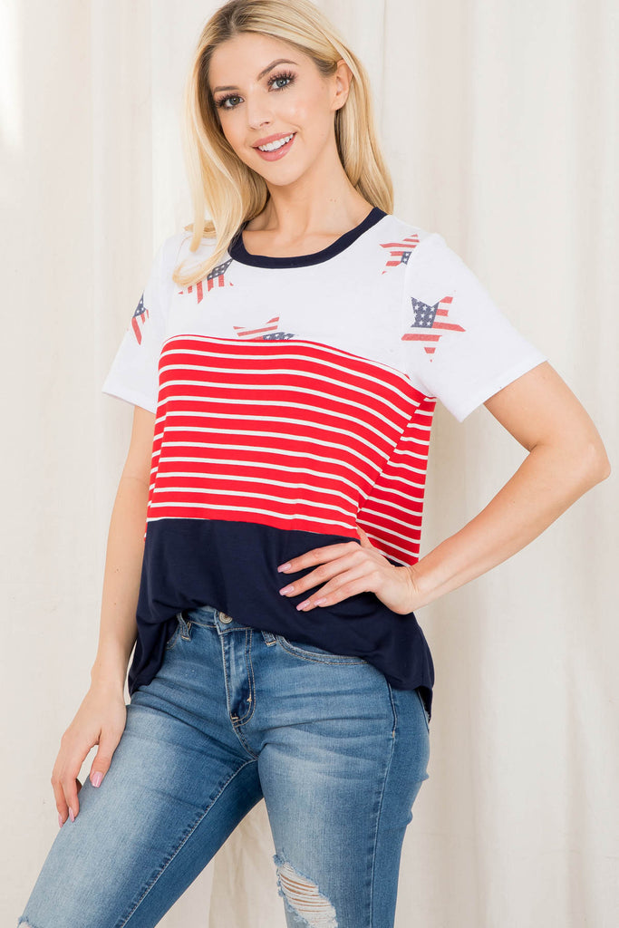 USA Star Print Stripes Contrast Top