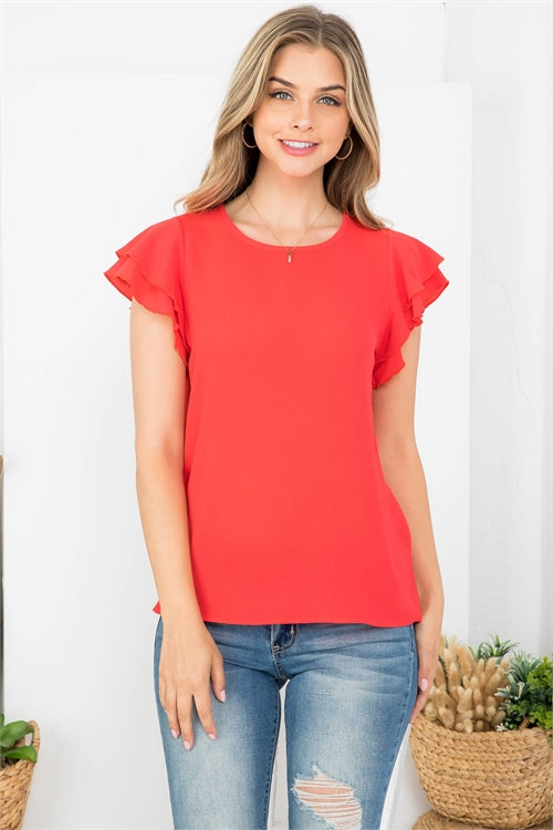 Layered Ruffle Sleeve Round Neck Woven Top 2