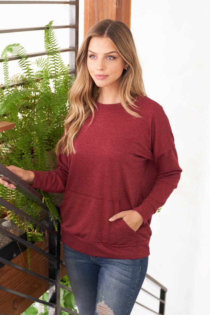 Long Sleeve French Terry Top With Kangaroo Pocket
