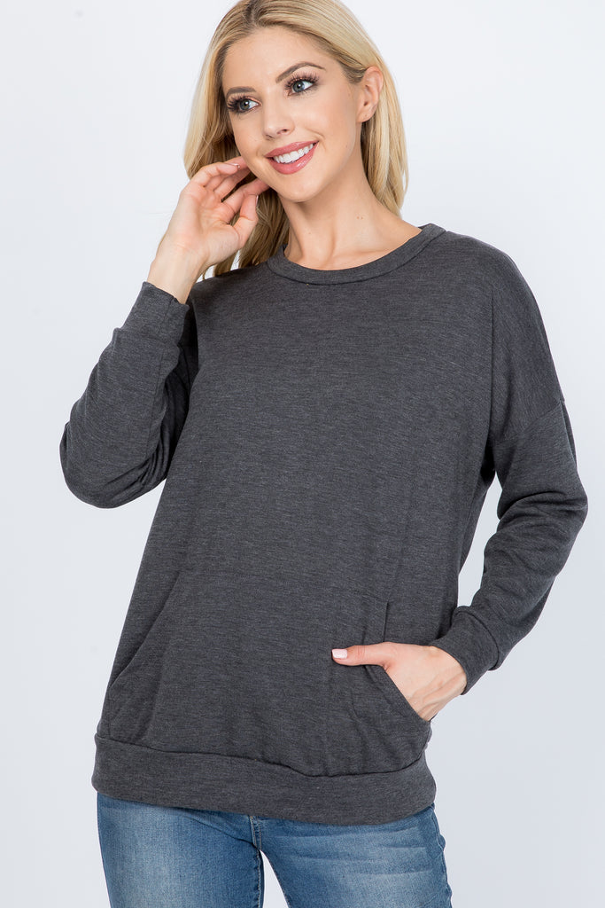 Long Sleeve French Terry Top With Kangaroo Pocket