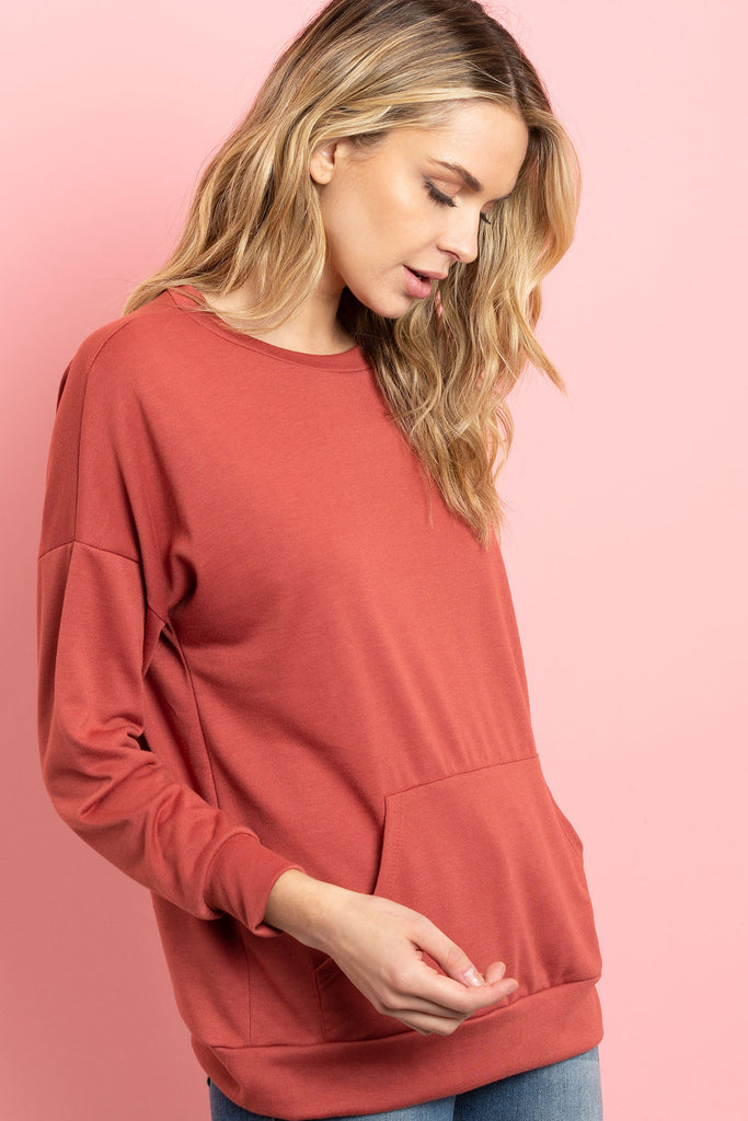 Long Sleeve French Terry Top With Kangaroo Pocket