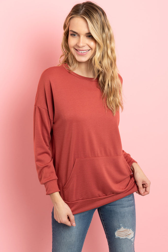 Long Sleeve French Terry Top With Kangaroo Pocket