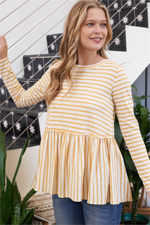 Stripes Reverse Cover Stitched Shirring Hem Top