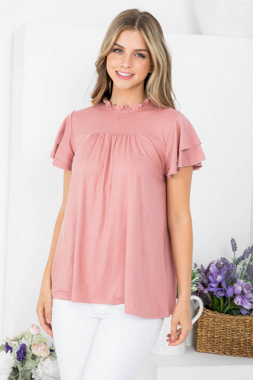 Merrow Mock Neck Layered Ruffle Sleeve Top