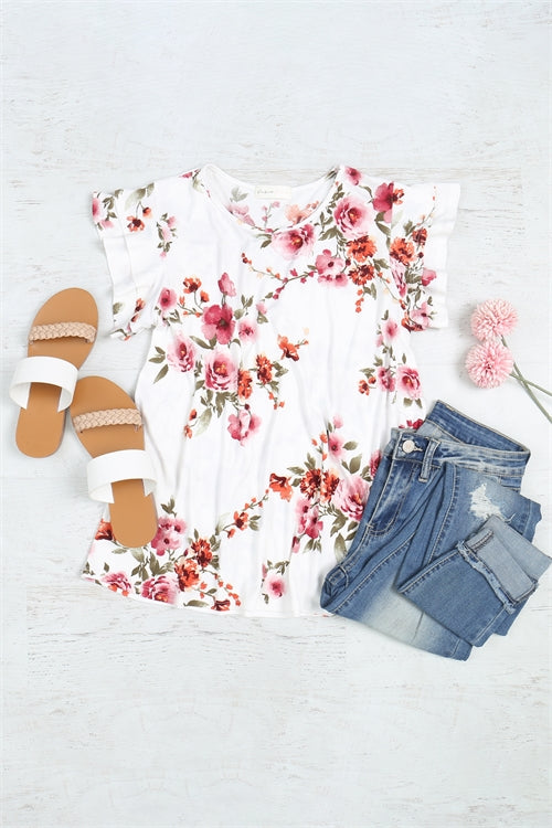 Floral Ruffle Sleeve Round Neck Top