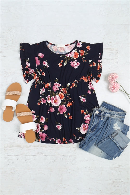 Floral Ruffle Sleeve Round Neck Top