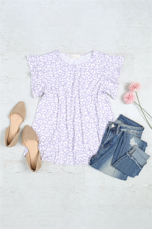 Leopard Ruffle Sleeve Round Neck Top