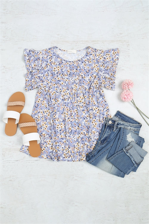 Floral Ruffle Sleeve Round Neck Top