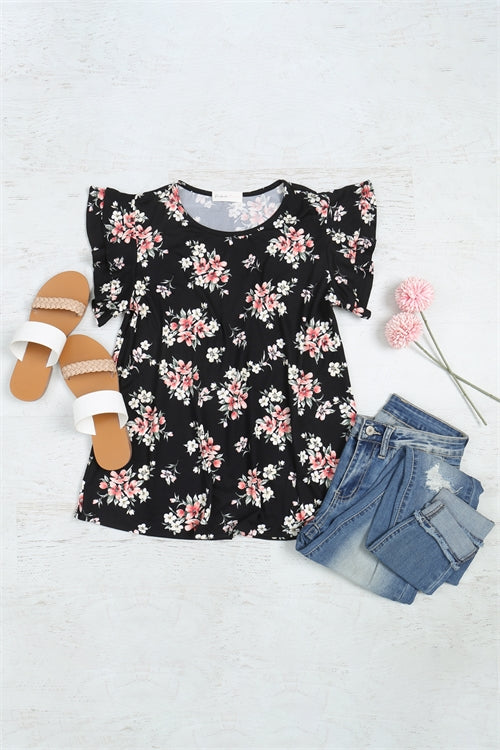 Floral Ruffle Sleeve Round Neck Top