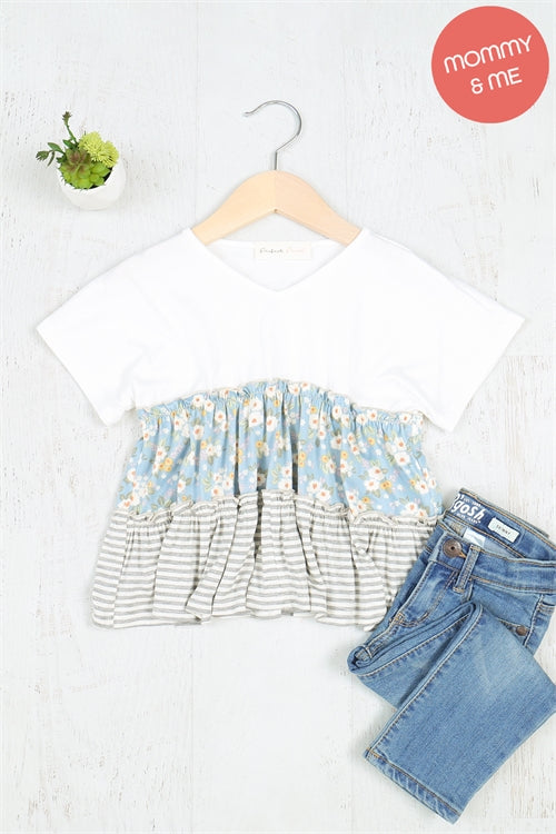 Kids Short Sleeve Floral Stripes Contrast Top