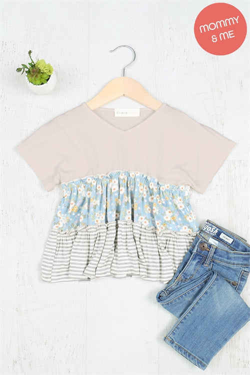 Kids Short Sleeve Floral Stripes Contrast Top