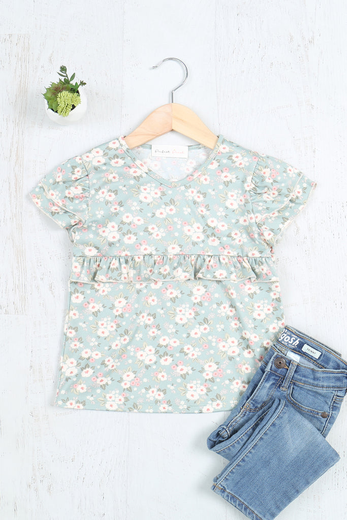 Kids Floral V-Neck Ruffled Waist Top