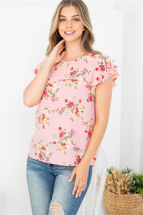 Floral Ruffle Sleeve Round Neck Blouse