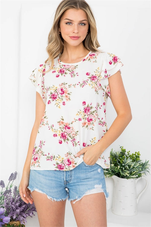 Floral Ruffle Sleeve Round Neck Blouse