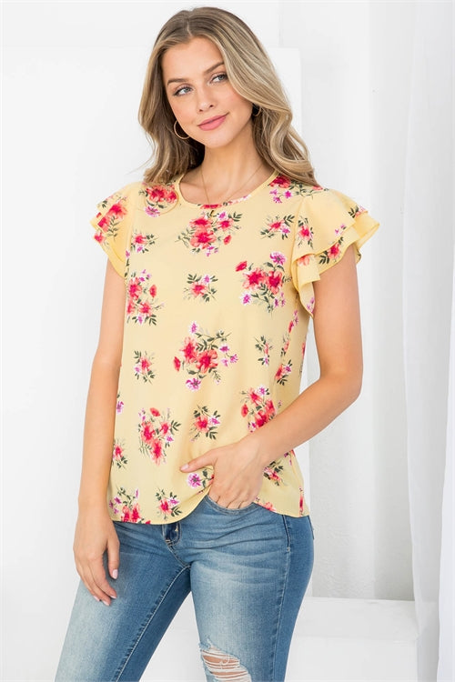 Ruffle Sleeve Round Neck Floral Blouse