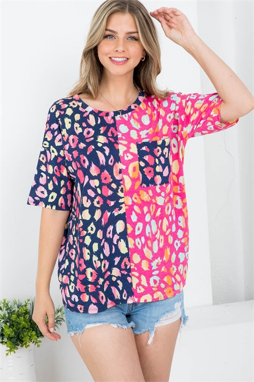 Half Sleeve Color Multi Leopard Pocket Top
