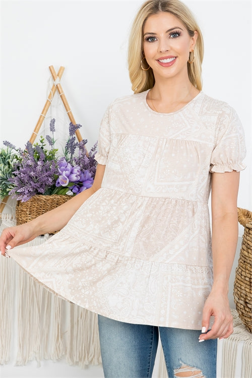 Short Ruffle Sleeve Tiered Paisley Top