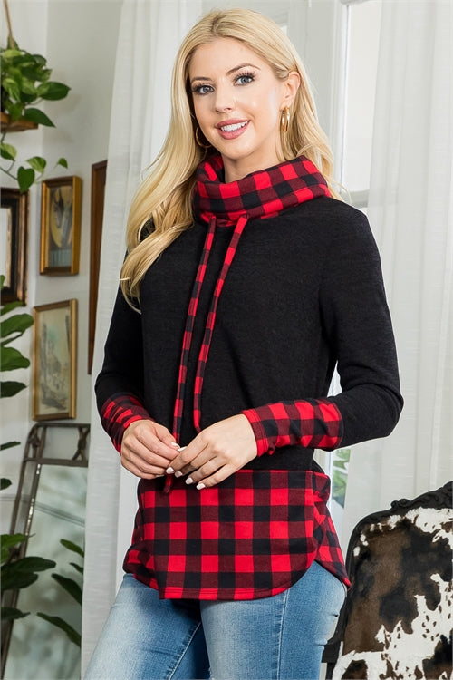 Plaid Contrast Turtle Neckline Long Sleeve Top