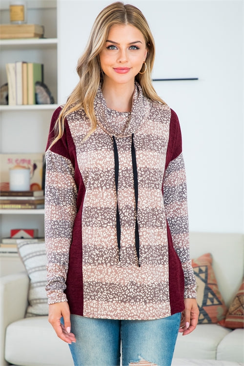 Turtle Neckline Stripe Animal Print Top