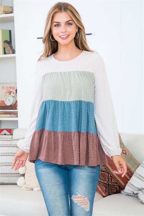 Swiss Dot Color Block Long Sleeve Top