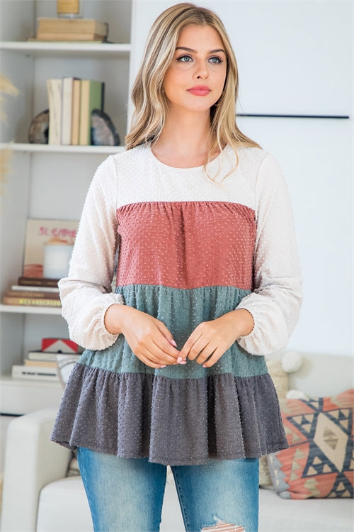 Swiss Dot Color Block Long Sleeve Top