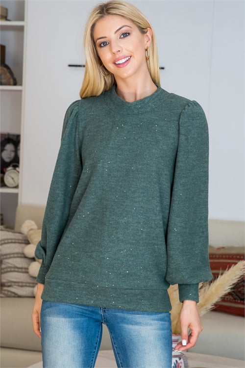 Puff Sleeve Crew Neckline Glitter Detail Top