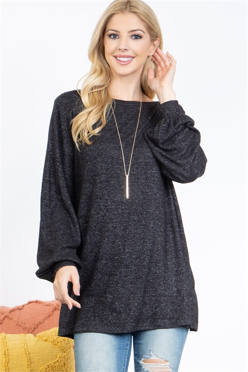 Puff Sleeved Boat Neck Brushed Hacci Top
