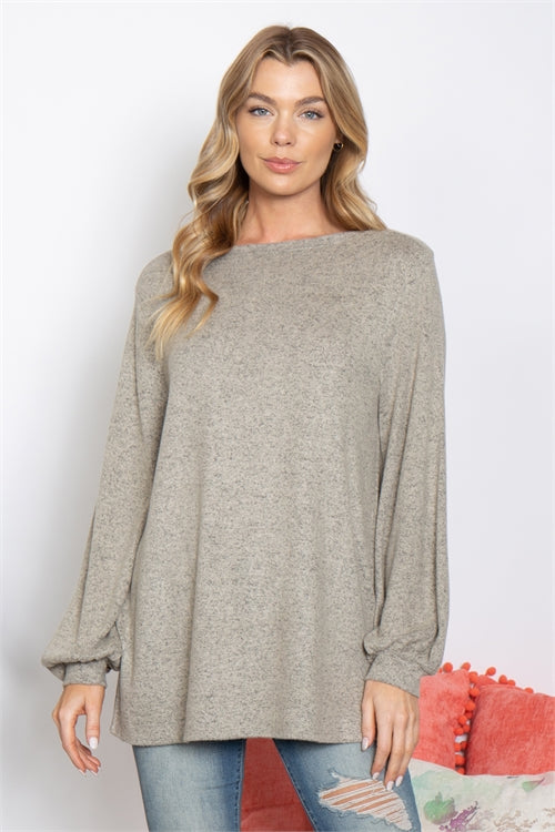 Puff Sleeved Boat Neck Brushed Hacci Top