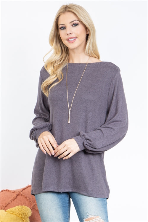 Puff Sleeved Boat Neck Brushed Hacci Top