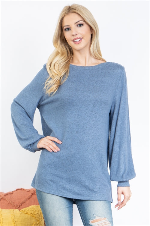 Puff Sleeved Boat Neck Brushed Hacci Top