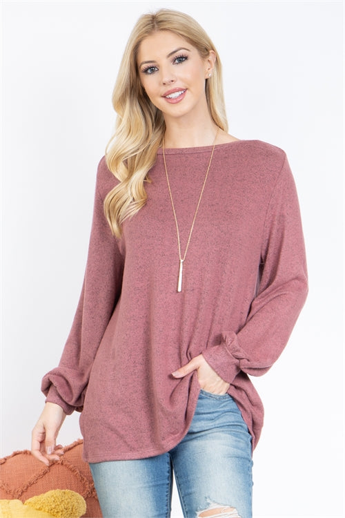 Puff Sleeved Boat Neck Brushed Hacci Top