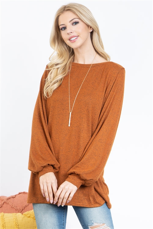 Puff Sleeved Boat Neck Brushed Hacci Top
