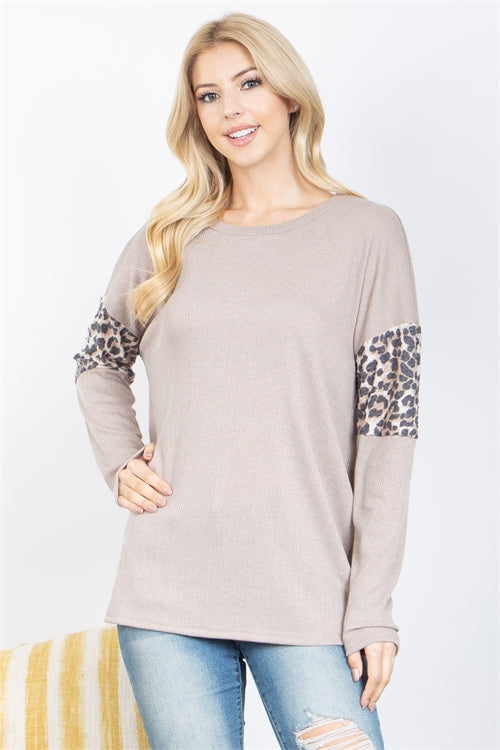 Long Sleeve Leopard Contrast Bella Rib Pullover Top