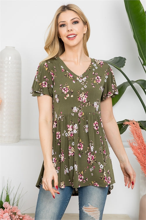 V-Neck Butterfly Sleeve Floral Empire Waist Top