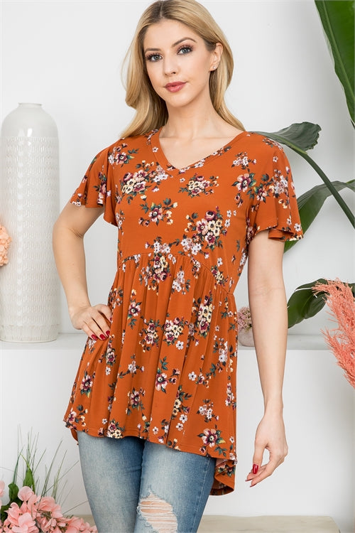 V-Neck Butterfly Sleeve Floral Empire Waist Top