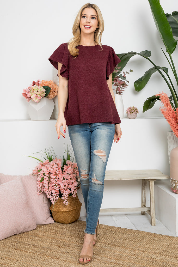 Round Neck Flutter Sleeve Top