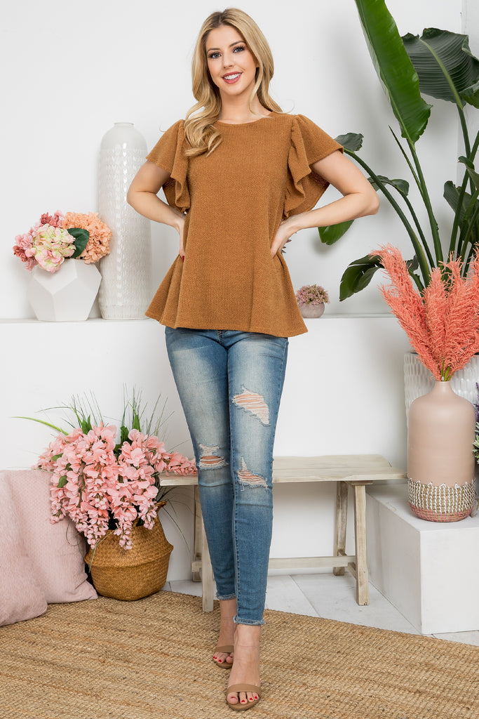 Round Neck Flutter Sleeve Top