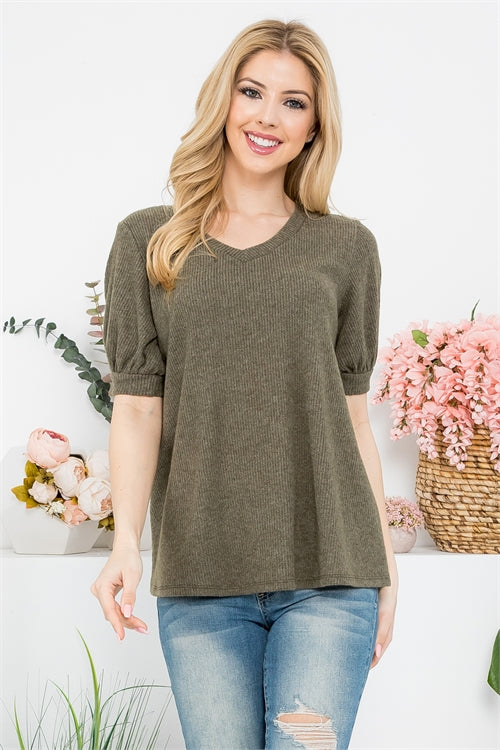 V-Neck Puff Sleeve Bella Rib Top