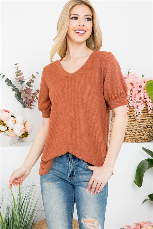 V-Neck Puff Sleeve Bella Rib Top