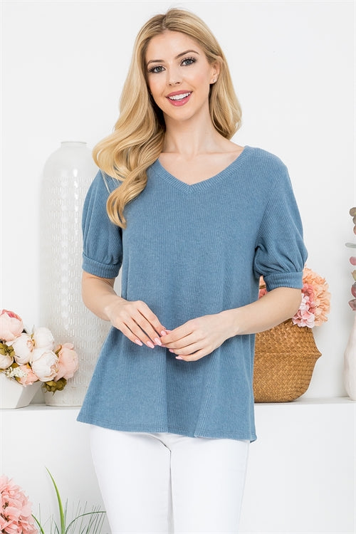 V-Neck Puff Sleeve Bella Rib Top