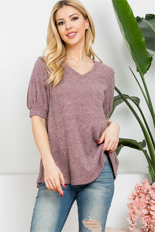 V-Neck Puff Sleeve Hacci Brush Top