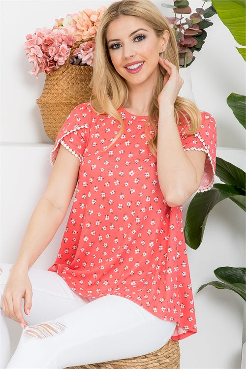 Pompom Detail Tulip Sleeve Floral Top
