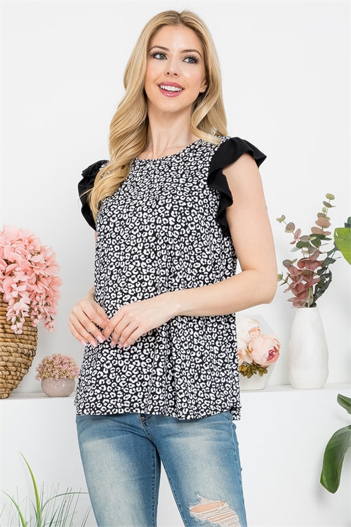 Solid Ruffle Cap Sleeve Leopard Top